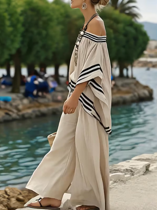 Conjunto de lino off-shoulder con rayas elegantes