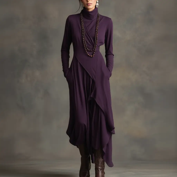 Solmira | Vestido Largo Plisado Asimétrico Con Cuello Alto